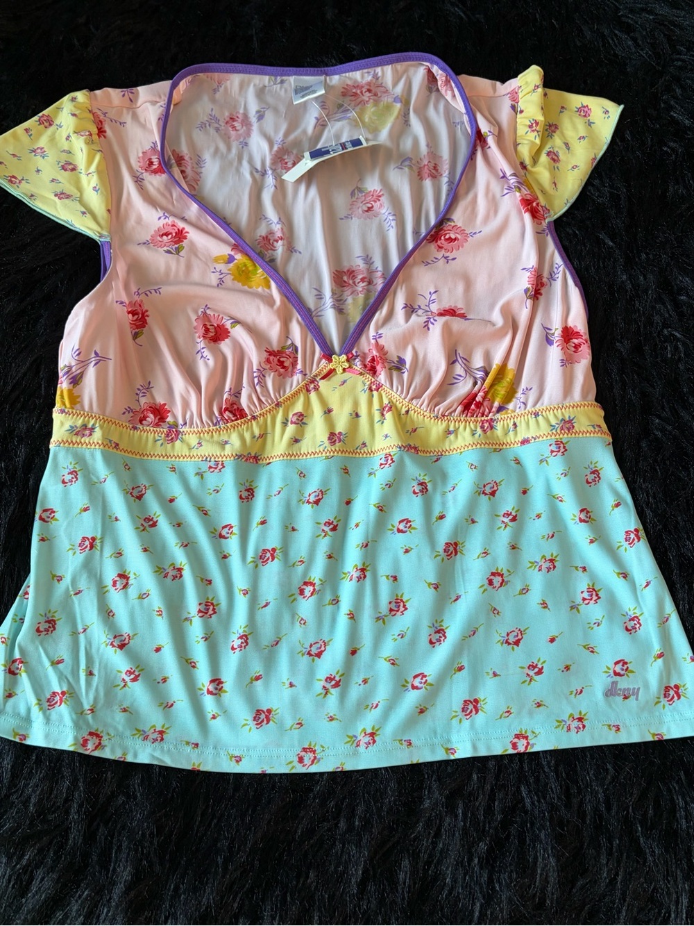 NWT! DKNY Floral V-Neck Sleep Top in Pink, Yellow & Mint
